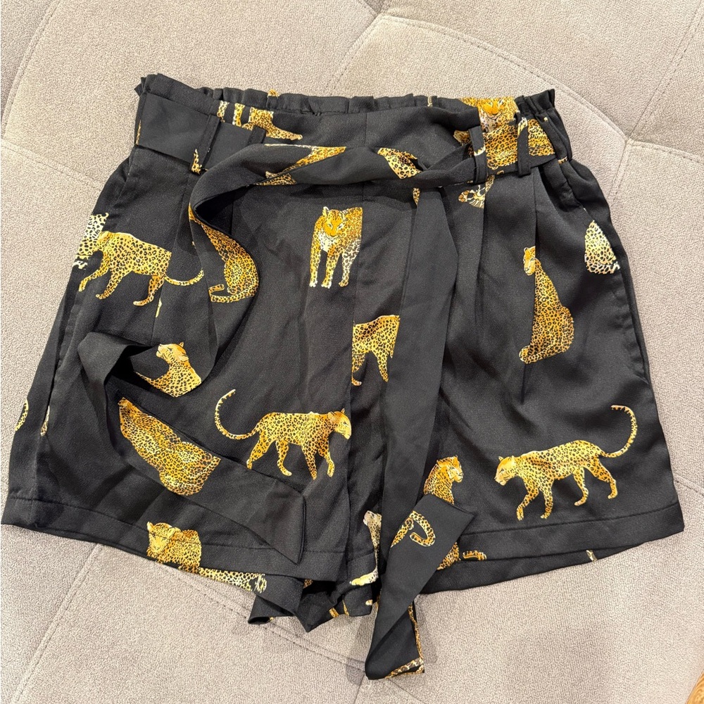 Q2 Black and Gold Leopard Print High Waist Shorts